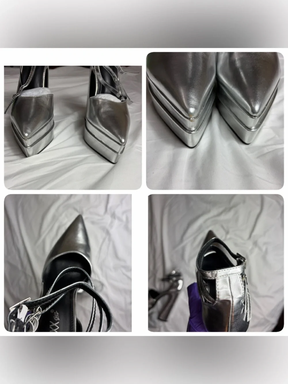 Silver metallic vegan pointy toe extreme platform Mary Jane heels size 8.5 & 9